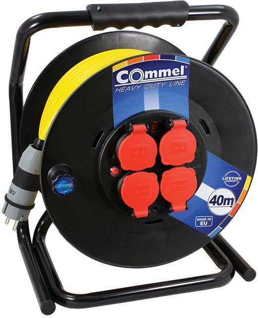 Макара черна 30 м IP44 AT N07V3V3-F 3G1.5 mm2 жълт термична защита 4 шуко квадратна рамка – (Commel)