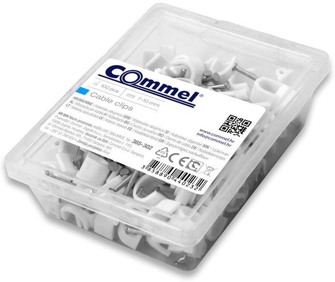 Скоба за кабел ф7мм бяла с пирон 40мм (100 бр) – кутия -(Commel)