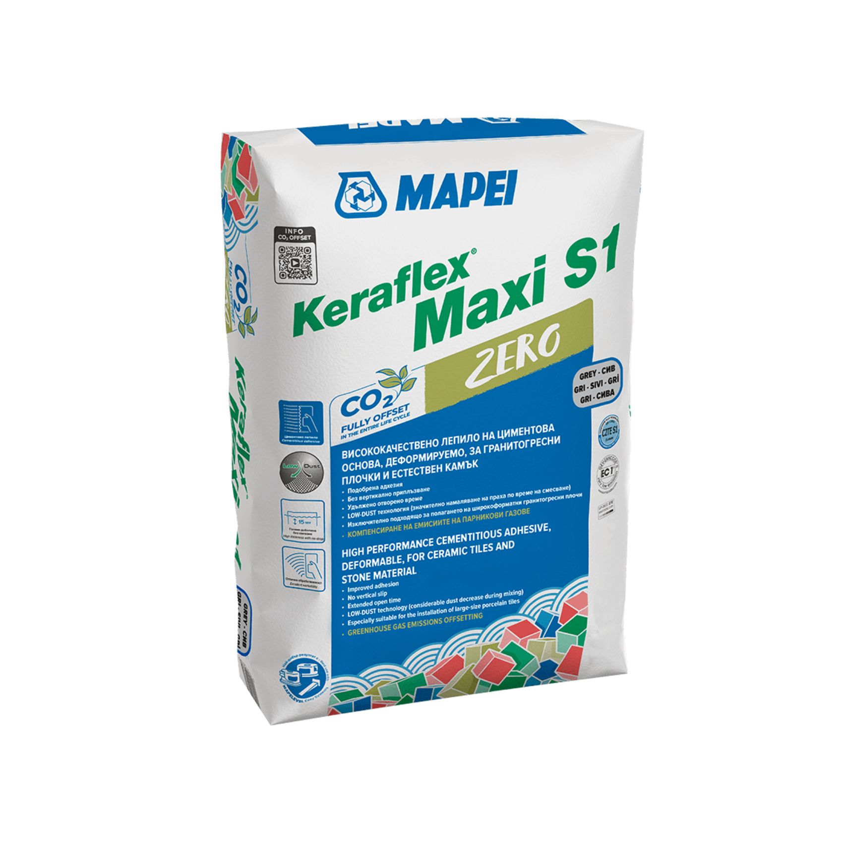 Лепило за плочки и камък C2TES1 Keraflex maxi S1 Zero – 25 кг. Сиво (Mapei)